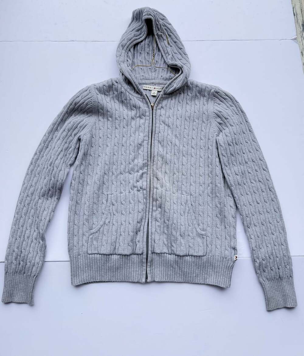 Tommy Hilfiger Gray Cable-Knit Zip-Up Hoodie Sweater Size M
